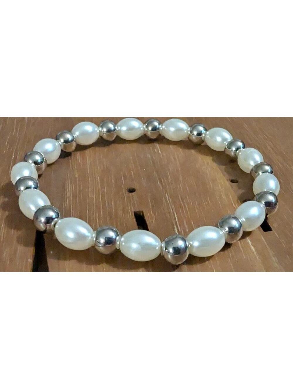 New Oval Faux Pearl Beaded Stretch Bracelet White Round SilverTone Beads Wedding